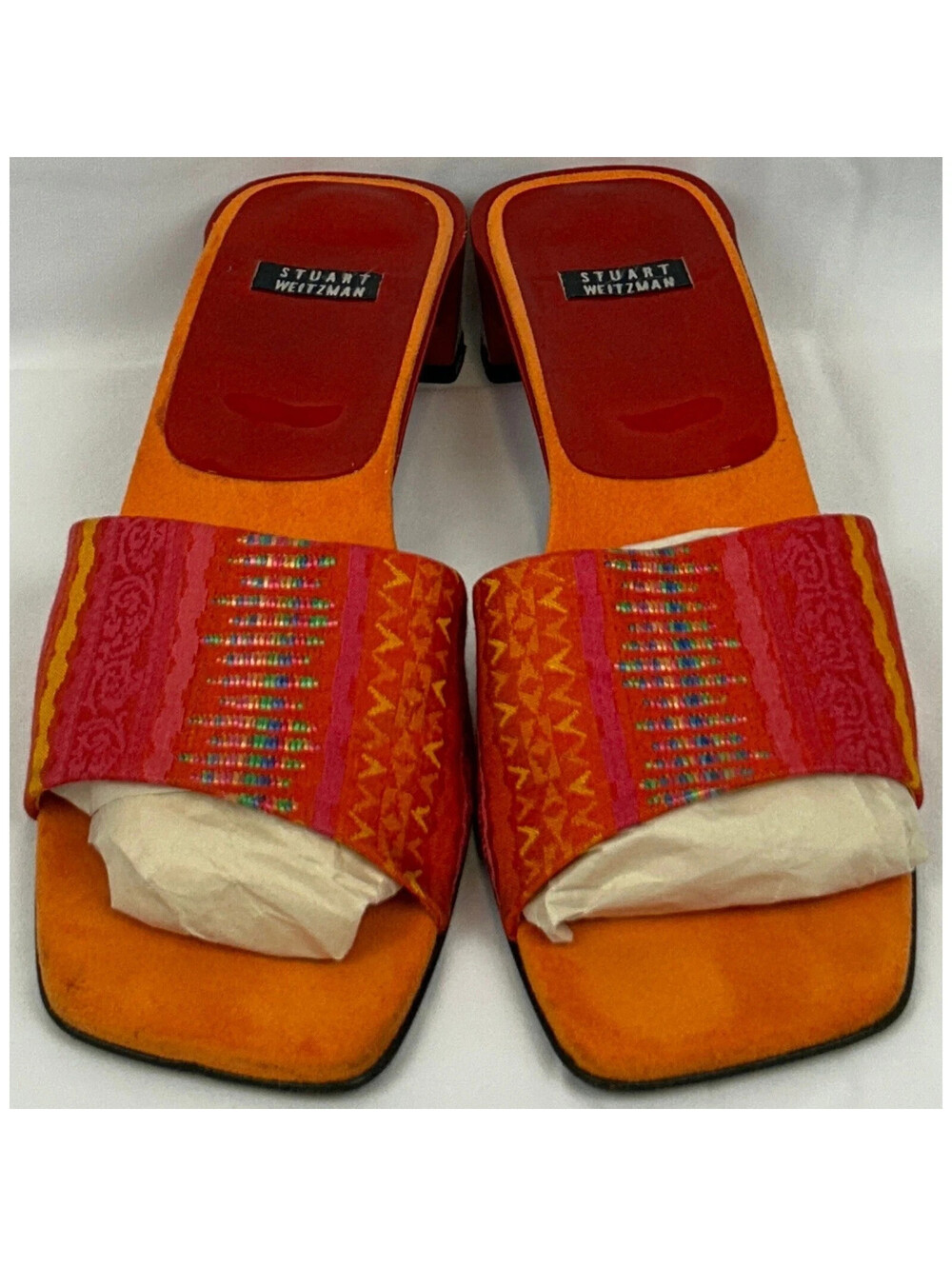 Stuart Weitzman Women's Size 7 B Orange Red Embroidered Slide Sandals S208276